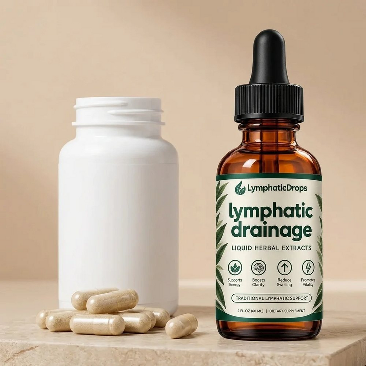 Liquid drops next to a bottle of capsules